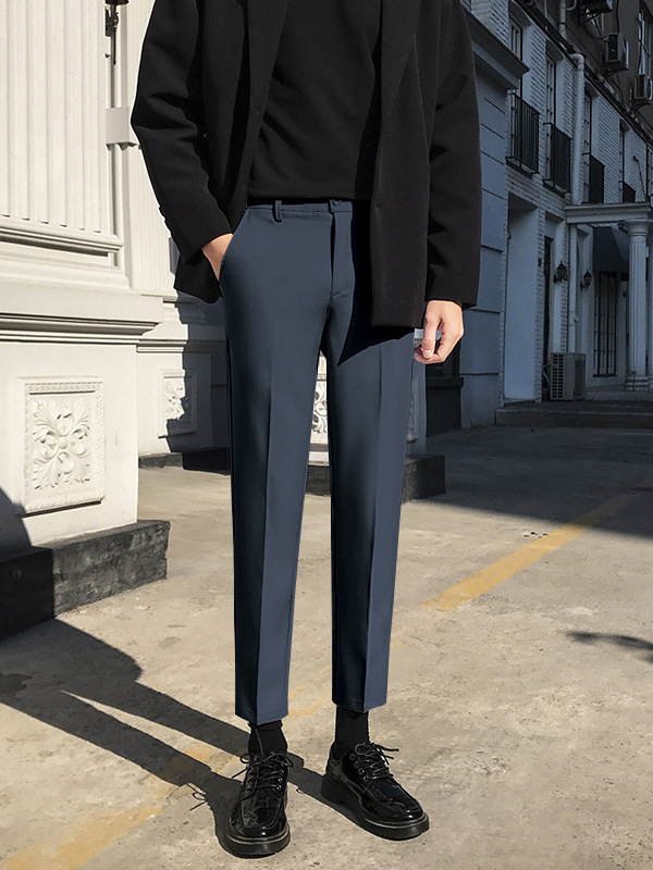 Autumn Cropped Dress Pants for Men, Wrinkle-Resistant, Stretchy, Slim-Fit, Straight-Leg, Trendy Casual Suit Pants
