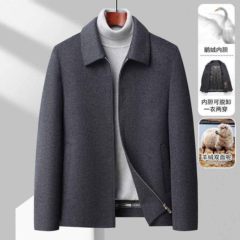Autumn and Winter new men's cashmere jacket middle-aged lapel dad's goose down detachable liner woolen jacket coat - Image 2