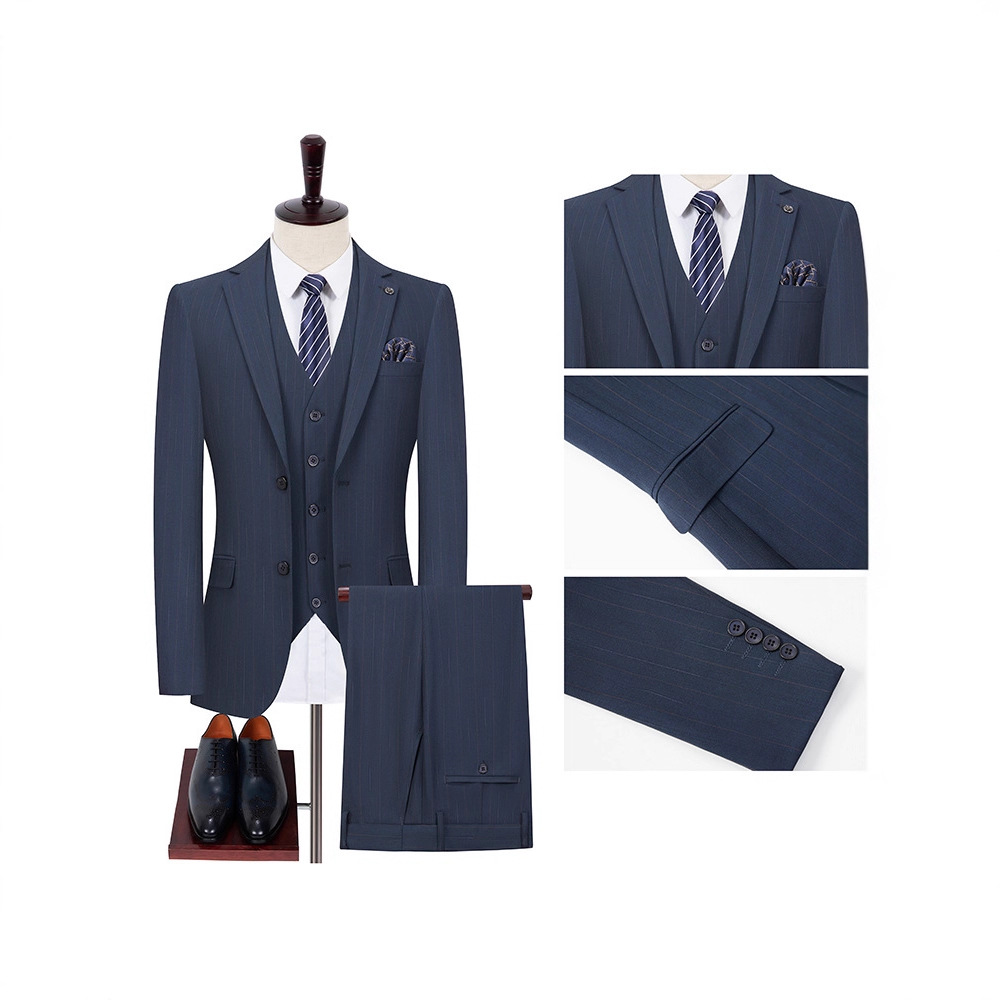 Advanced New Suit Men's Light Business Casual Banquet Suit Korean Style Blue Striped Side Slit Groom Suit