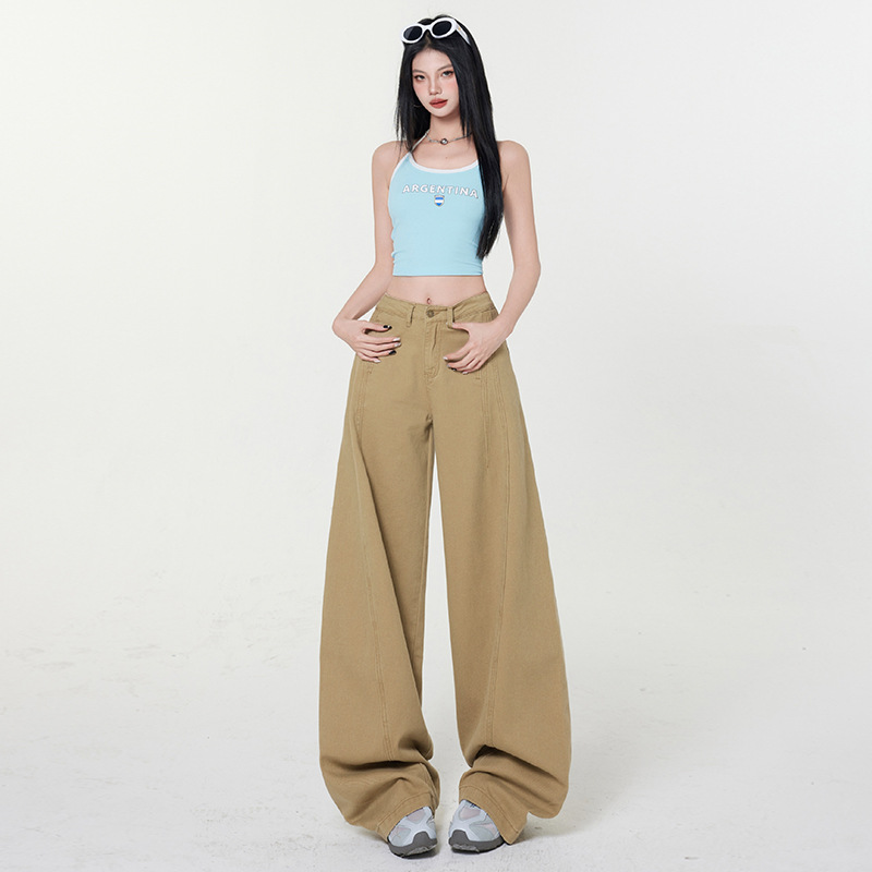 Bumi House# khaki Wide Leg Machete Pants Women's Summer New High Waist Loose Slimming Vertical Straight Pants
