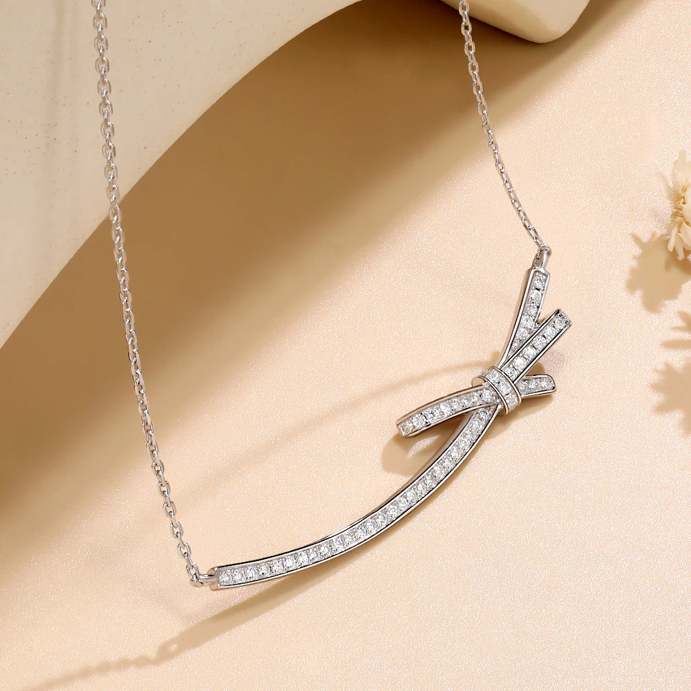M-JAJA Full Moissanite Necklace for Women 925 Sterling Silver Chain 1.3mm Lab Diamond Elegant Bow Pendant Sparkling Jewelry Gift - Image 3
