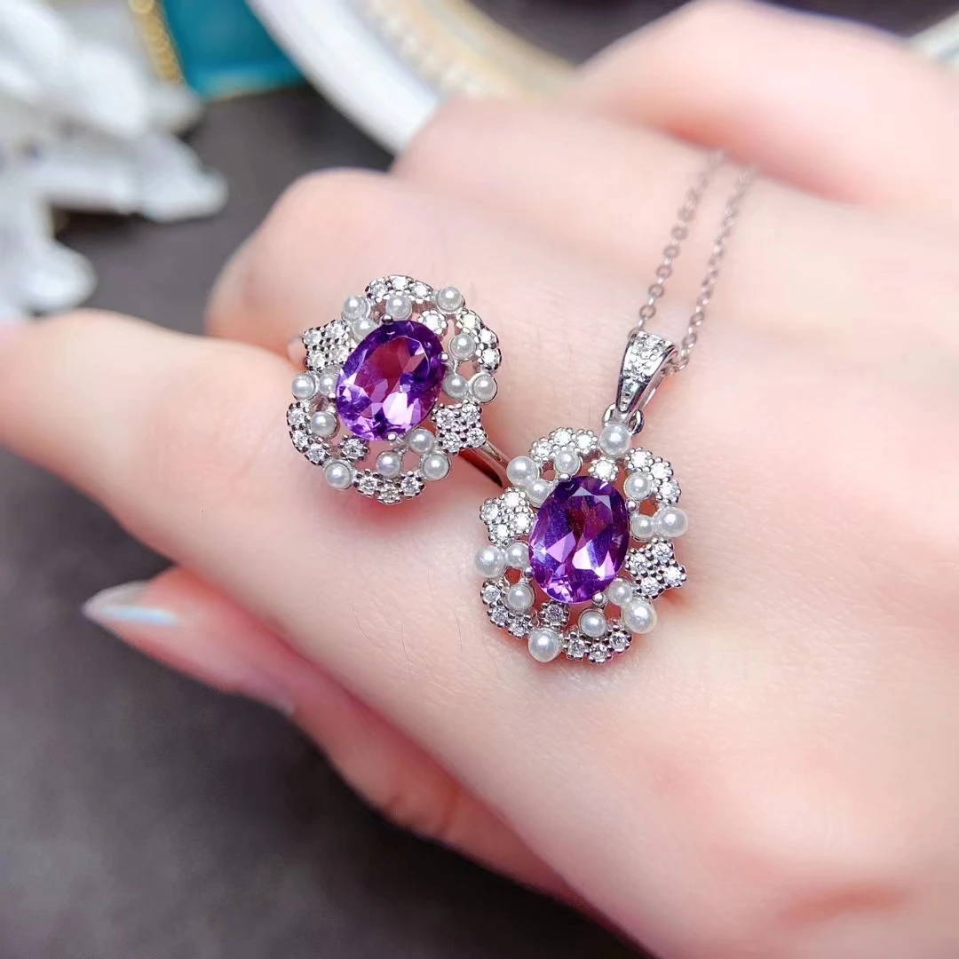 FS High-quality Ross Quartz S925 Sterling Silver Pendant Necklace Ring Set Fine Fashion Charm Weddings Jewelry Women MeibaPJ FS - Image 9