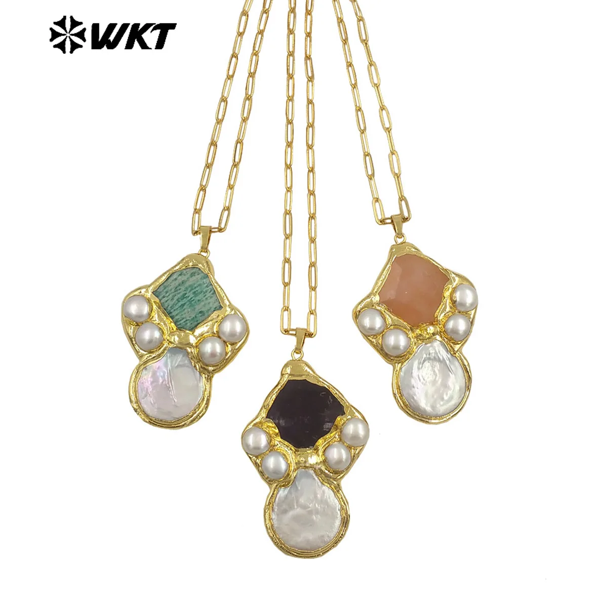 WT-JN345 Delicate Rectangle Chain With Gold Plated Natural Gemstones And Pearl Pendant Necklace For Unique Fashion Birthday Gift - Image 2