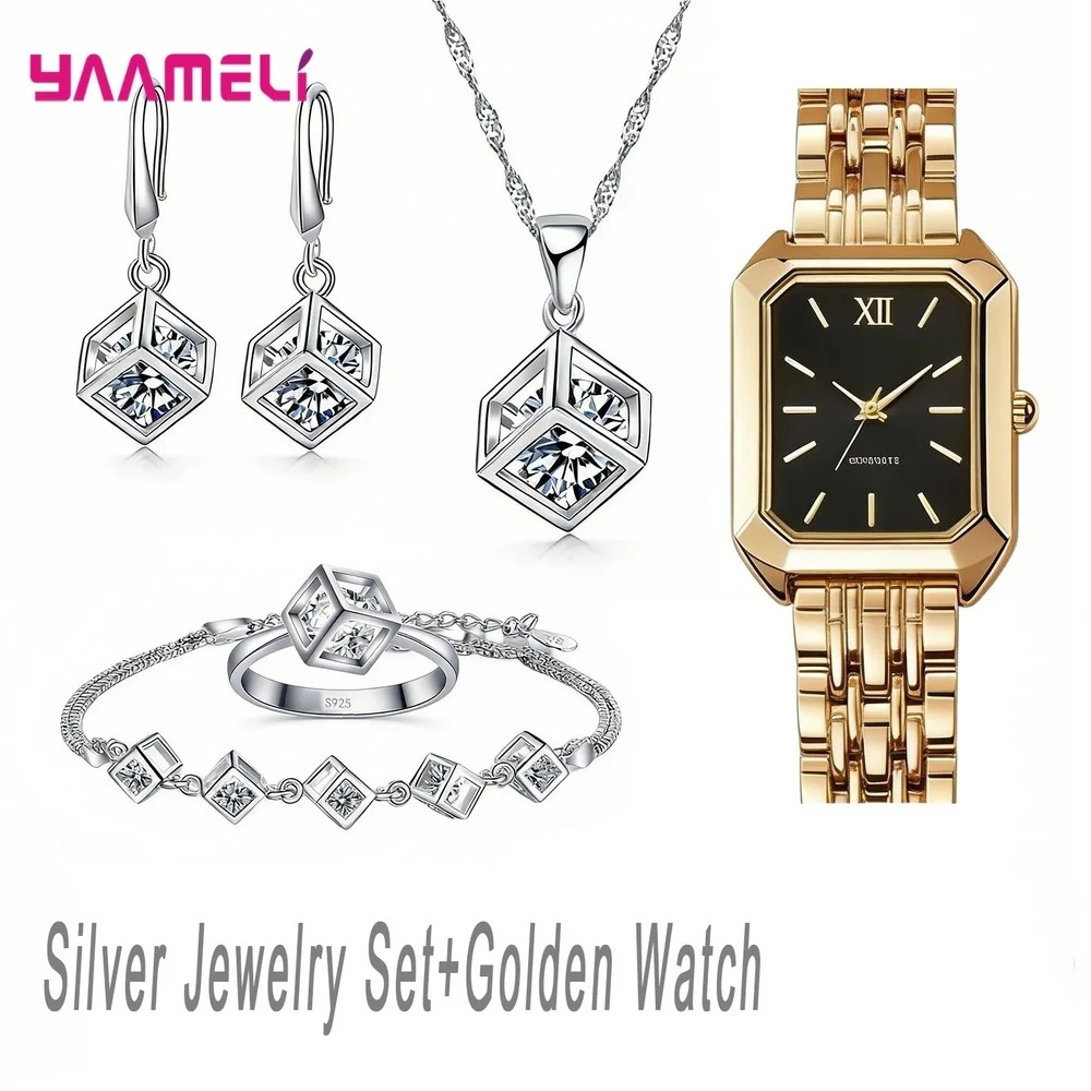 Luxuriou 925 Sterling Silver Geometry Crystal Zircon Necklace Earring Watch Set for Women Men Engagement Party Best Jewelry Gift - Image 8