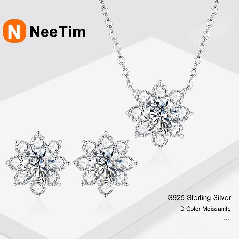 NeeTim 0.5ct 1ct D VVS1 Moissanite Jewelry Set 925 Sterling Silver with 18k Gold Plated Flower Necklace Earrings Sets for Women
