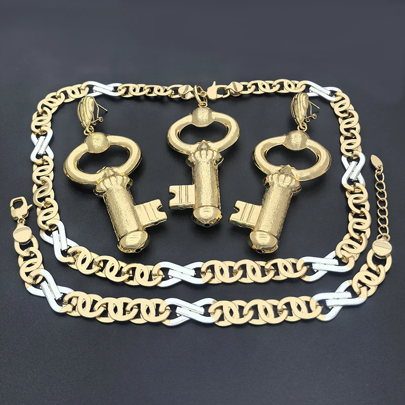 African Jewelry Set Key Pattern Dubai Necklace Earrings Sets Gold Plated Nigeria Bridal Jewellery Wedding Party Gifts - Image 8
