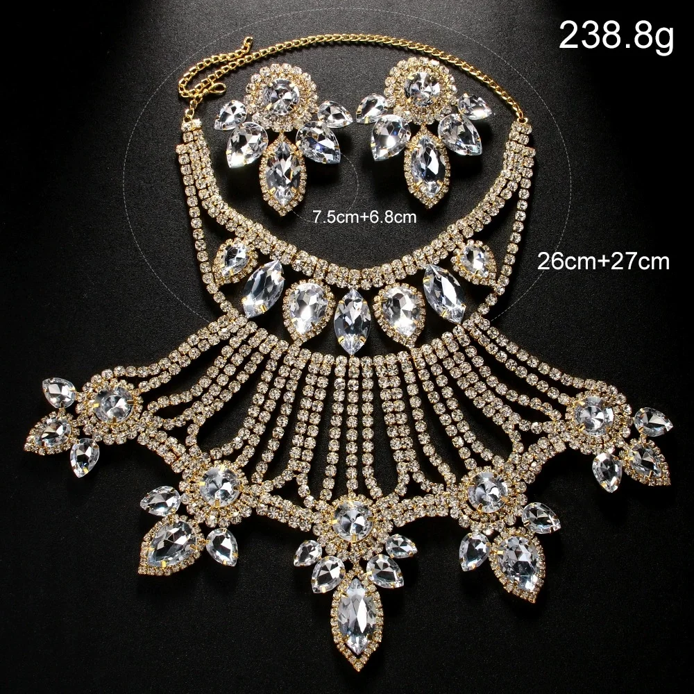 Luxury Crystal Rhinestone Choker Necklace Earrings Jewelry Set Statement Tassel Body Chain Shoulder Bib Jewelry Wedding Bridal - Image 2