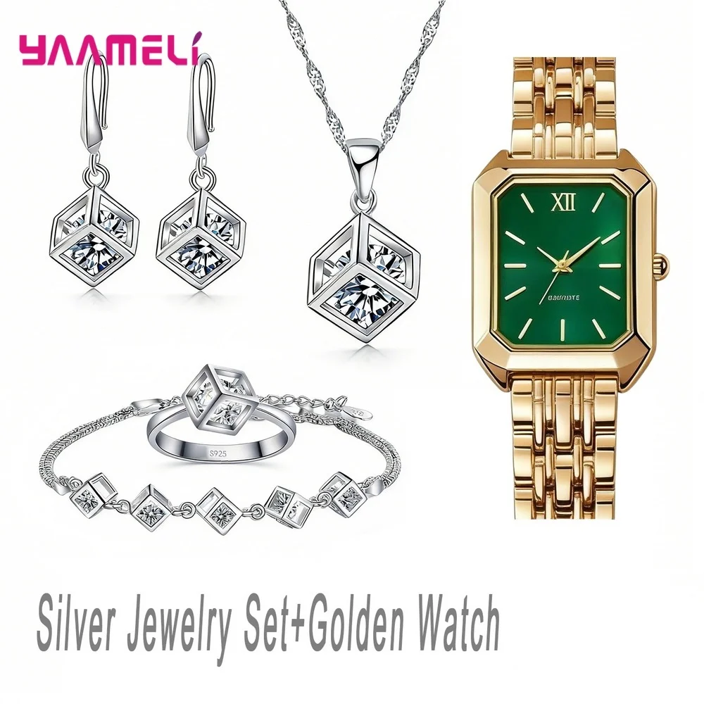 Luxuriou 925 Sterling Silver Geometry Crystal Zircon Necklace Earring Watch Set for Women Men Engagement Party Best Jewelry Gift - Image 16