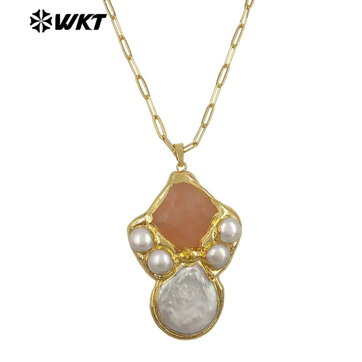 WT-JN345 Delicate Rectangle Chain With Gold Plated Natural Gemstones And Pearl Pendant Necklace For Unique Fashion Birthday Gift - Image 10
