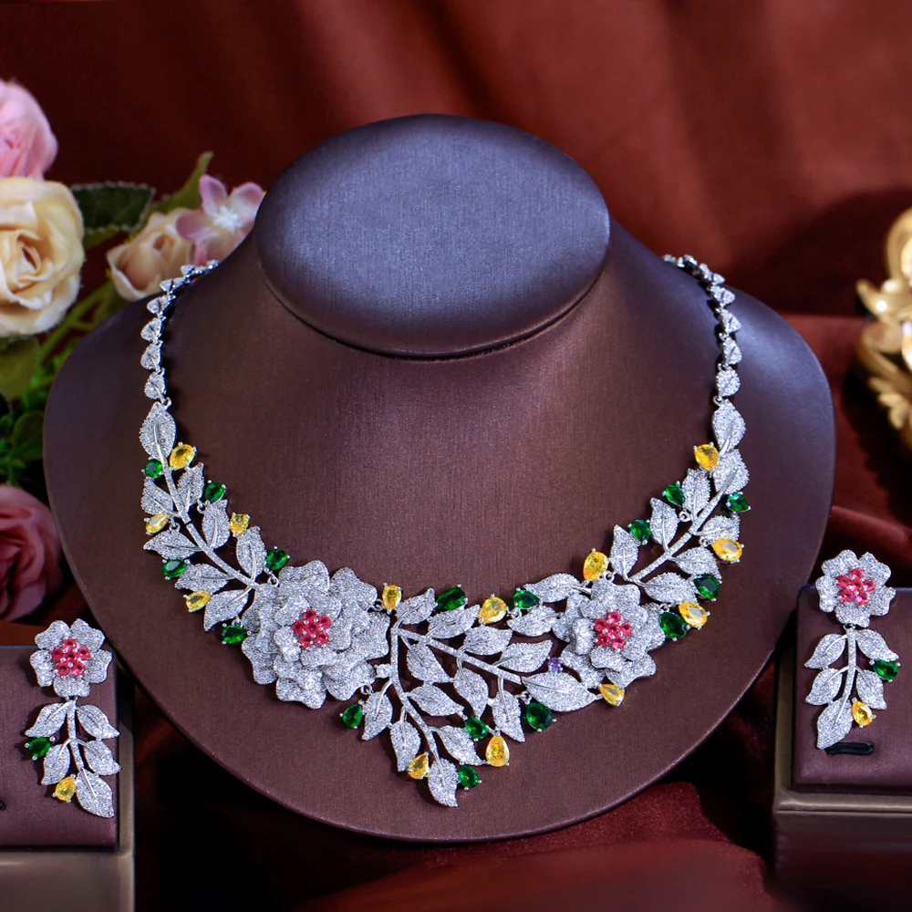 BeaQueen Gorgeous Bridal Wedding Jewelry Sets for Women Big Flower Leaf Paved Cubic Zirconia Gold Plated Necklace Earrings T0637 - Image 6