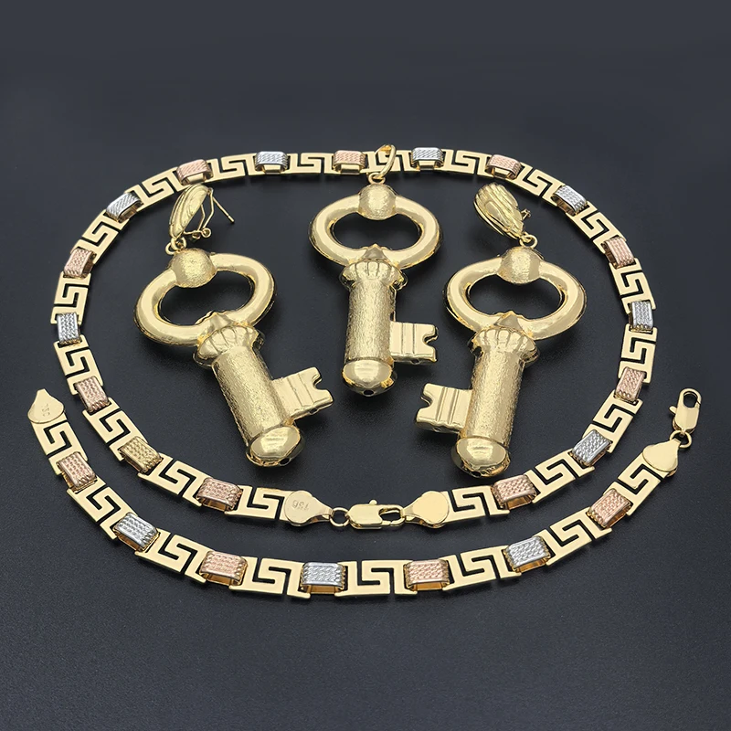 African Jewelry Set Key Pattern Dubai Necklace Earrings Sets Gold Plated Nigeria Bridal Jewellery Wedding Party Gifts - Image 13