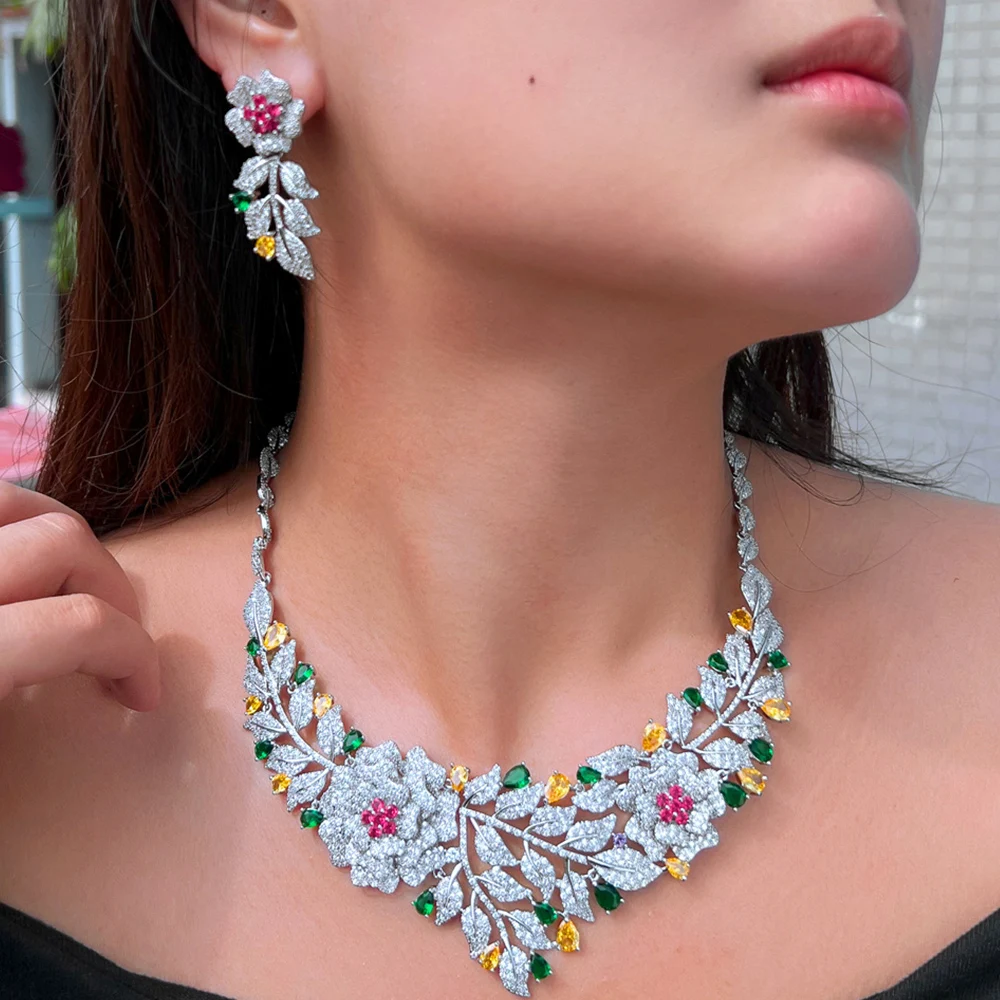 BeaQueen Gorgeous Bridal Wedding Jewelry Sets for Women Big Flower Leaf Paved Cubic Zirconia Gold Plated Necklace Earrings T0637 - Image 4