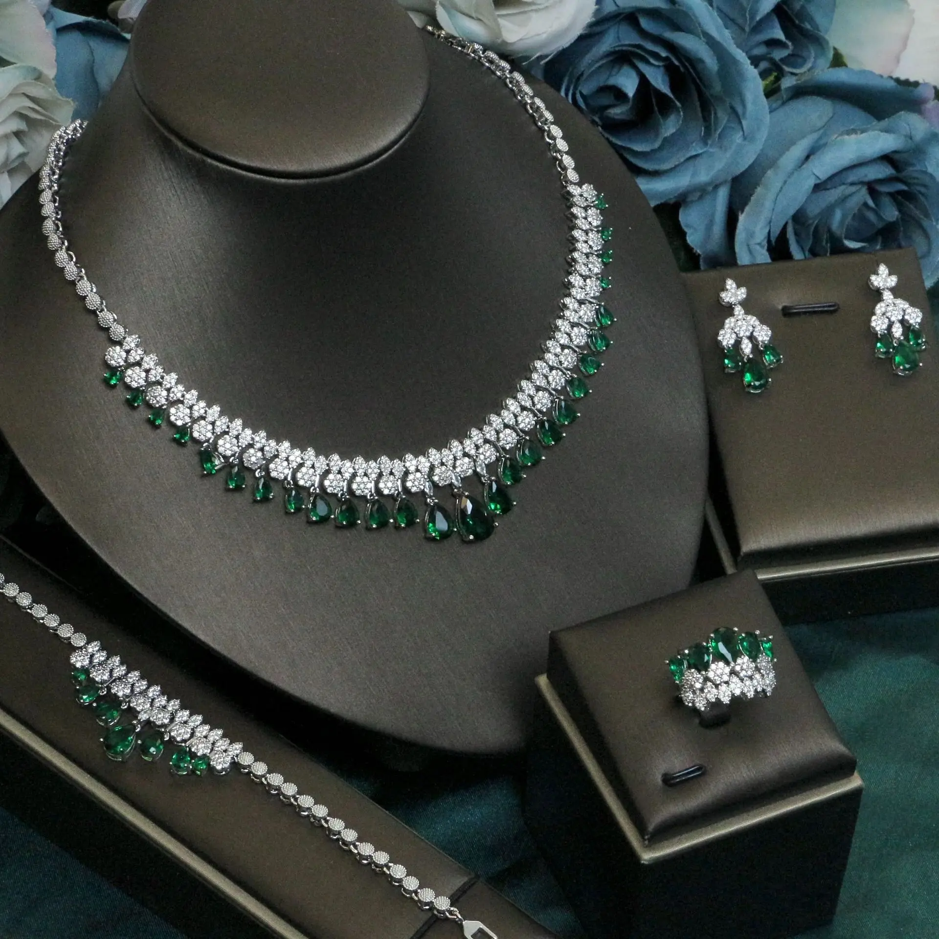 Luxury Bridal Jewelry Set For Women Zirconia Dubai Saudi Wedding Necklace Earring 4pcs Set for Prom Evening Dress Party Jewelry - Image 2