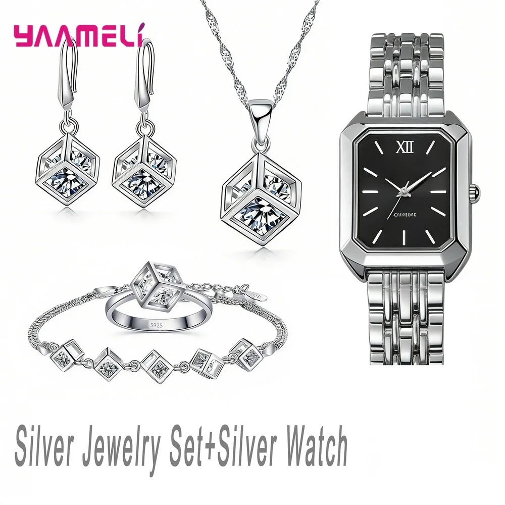 Luxuriou 925 Sterling Silver Geometry Crystal Zircon Necklace Earring Watch Set for Women Men Engagement Party Best Jewelry Gift - Image 20