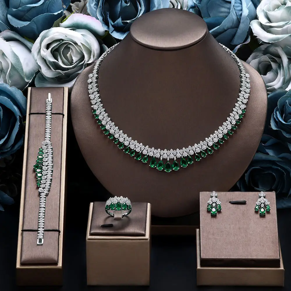 Luxury Bridal Jewelry Set For Women Zirconia Dubai Saudi Wedding Necklace Earring 4pcs Set for Prom Evening Dress Party Jewelry