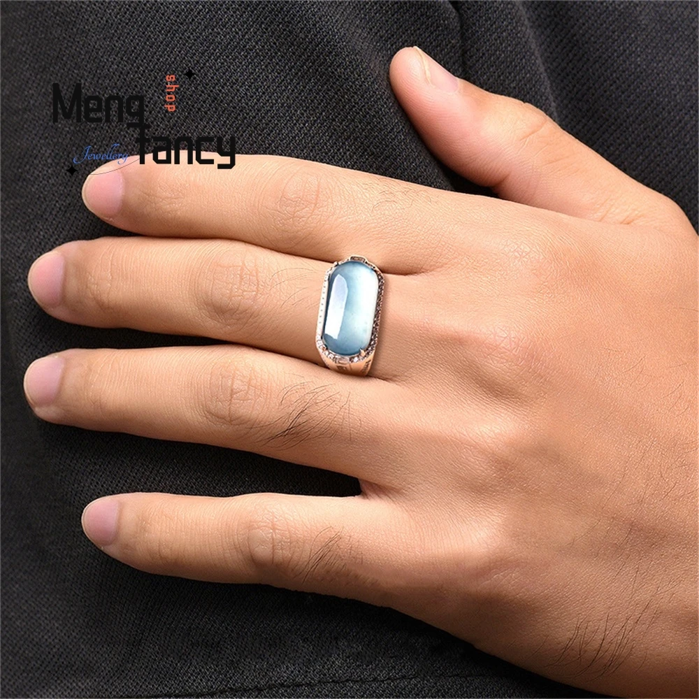 Natural A-Grade Jade Blue Water Saddle Ring, Ice-Type Jade S925 Silver-Set Fashionable Ring For Men, Adjustable Fashion Jewelry - Image 4