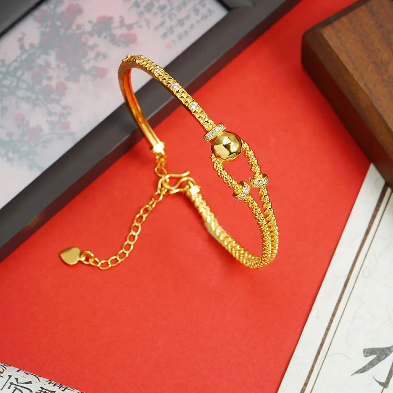 New 9999 gold bracelet light luxury simple diamond inlay line 24K real gold opening bracelet women's trendy handicraft jewelry
