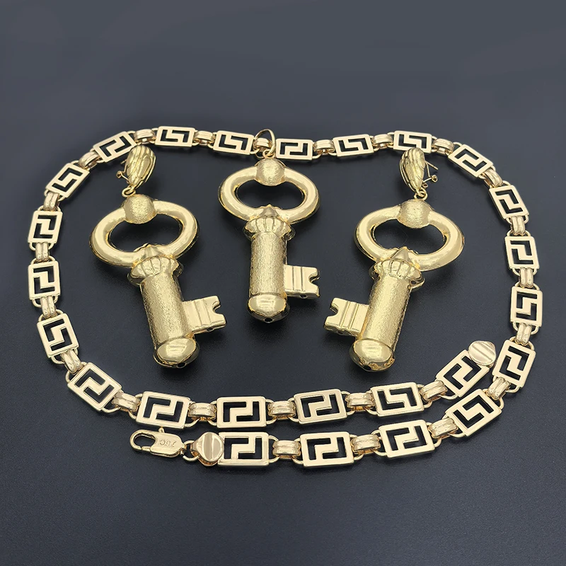 African Jewelry Set Key Pattern Dubai Necklace Earrings Sets Gold Plated Nigeria Bridal Jewellery Wedding Party Gifts - Image 12