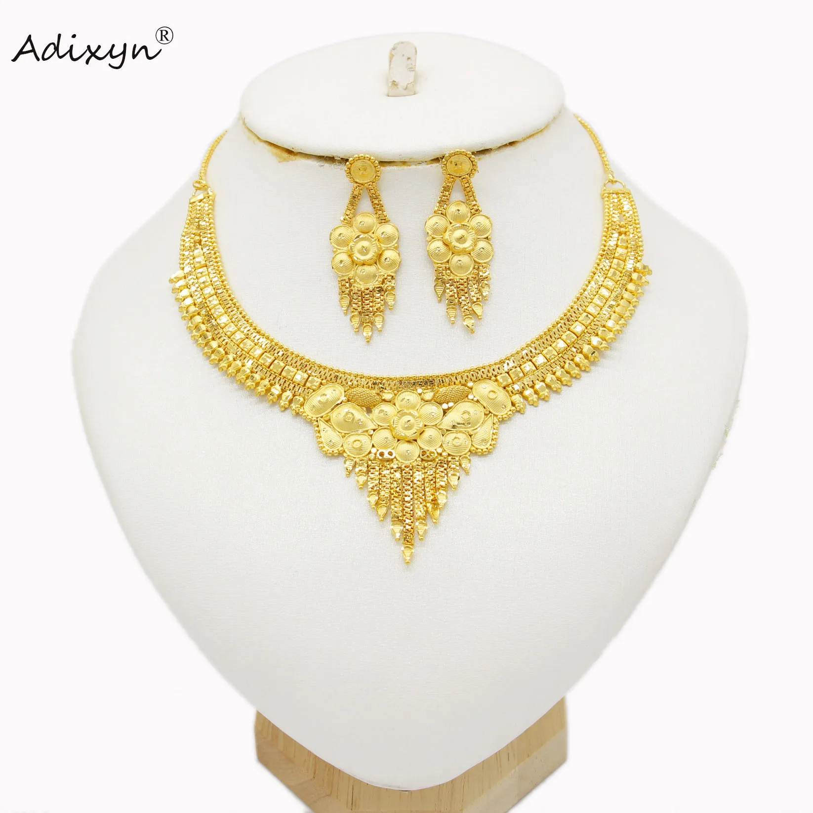 Adixyn African Two Desigh Tassels Necklace Earrings Jewelry Set Gold Color/Copper Arab Dubai Wedding Party MOM Gifts n071349