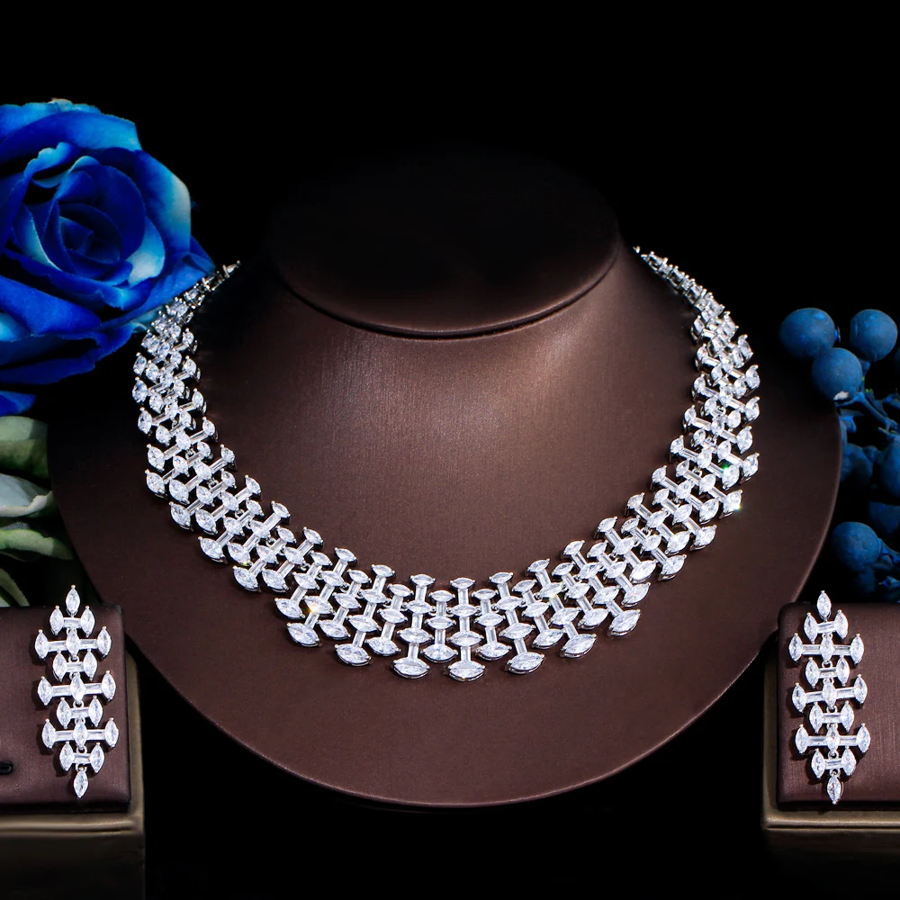 ThreeGraces Elegant Shiny White Cubic Zirconia Choker Necklace and Earrings Luxury Bridal Party Jewelry Set for Women TZ947 - Image 3