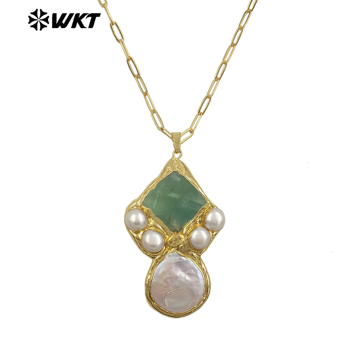 WT-JN345 Delicate Rectangle Chain With Gold Plated Natural Gemstones And Pearl Pendant Necklace For Unique Fashion Birthday Gift - Image 11