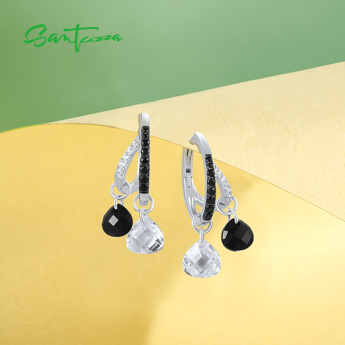 SANTUZZA Real 925 Sterling Silver Loop Earrings For Women Sparkling White CZ Black Spinel Dangling Trendy Party Fine Jewelry - Image 4