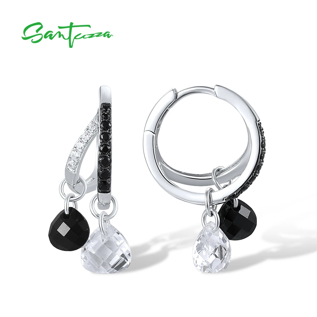 SANTUZZA Real 925 Sterling Silver Loop Earrings For Women Sparkling White CZ Black Spinel Dangling Trendy Party Fine Jewelry - Image 2