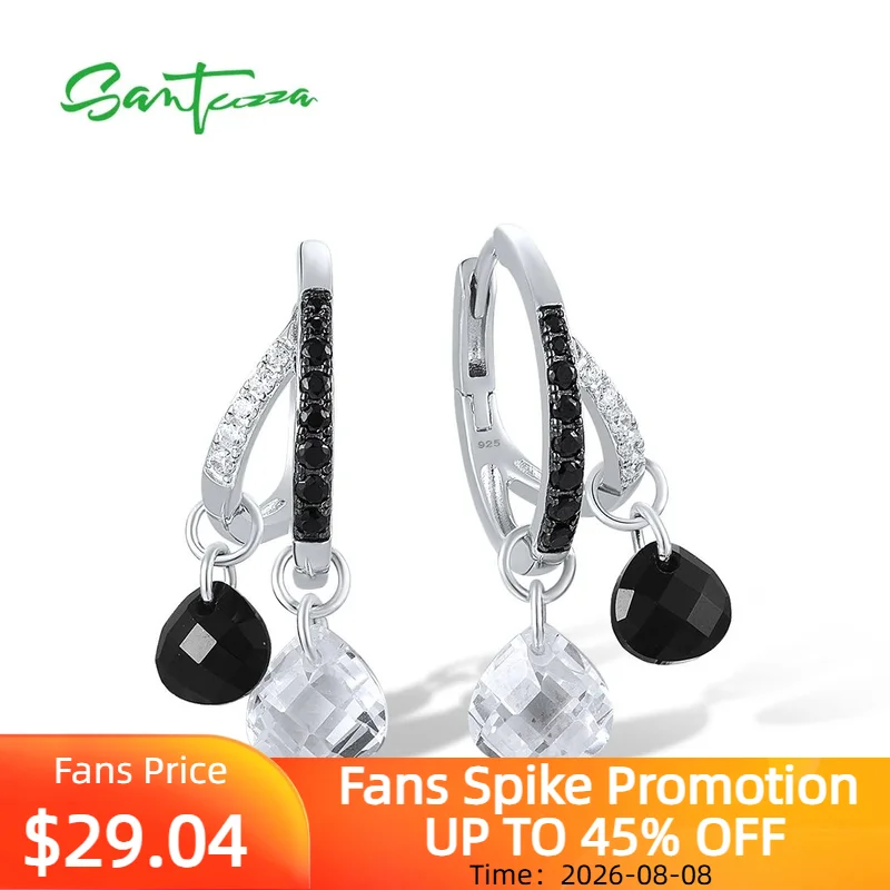 SANTUZZA Real 925 Sterling Silver Loop Earrings For Women Sparkling White CZ Black Spinel Dangling Trendy Party Fine Jewelry