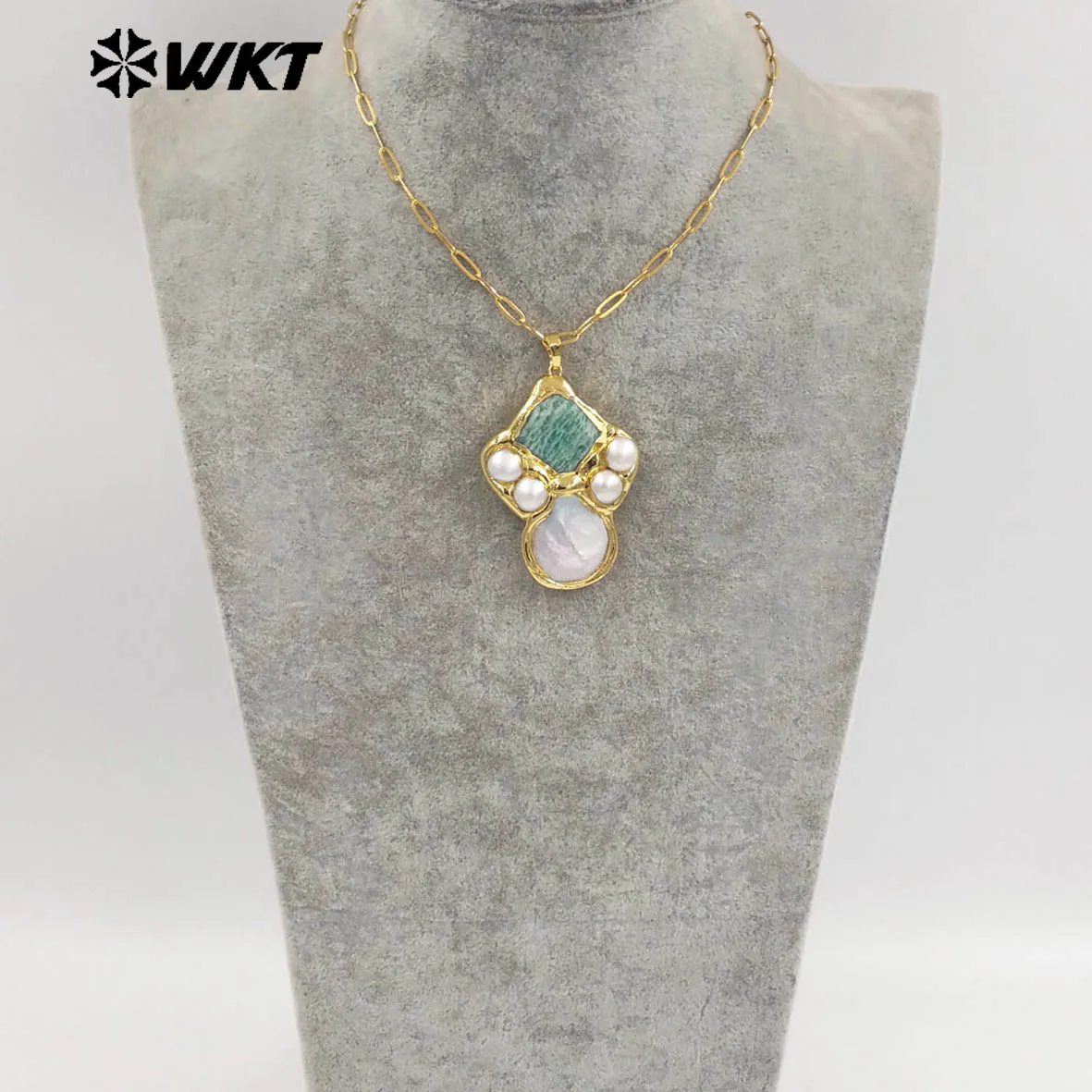WT-JN345 Delicate Rectangle Chain With Gold Plated Natural Gemstones And Pearl Pendant Necklace For Unique Fashion Birthday Gift - Image 5