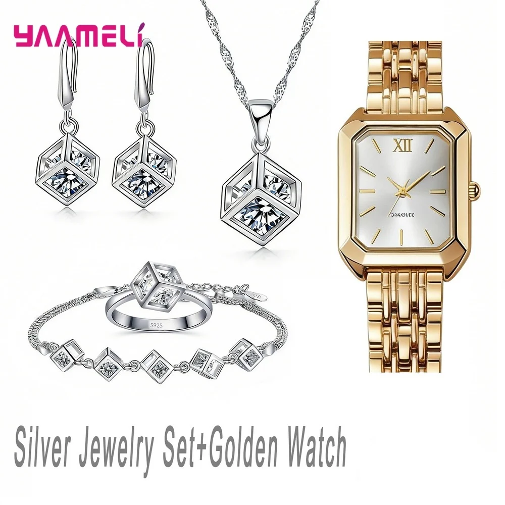 Luxuriou 925 Sterling Silver Geometry Crystal Zircon Necklace Earring Watch Set for Women Men Engagement Party Best Jewelry Gift - Image 18
