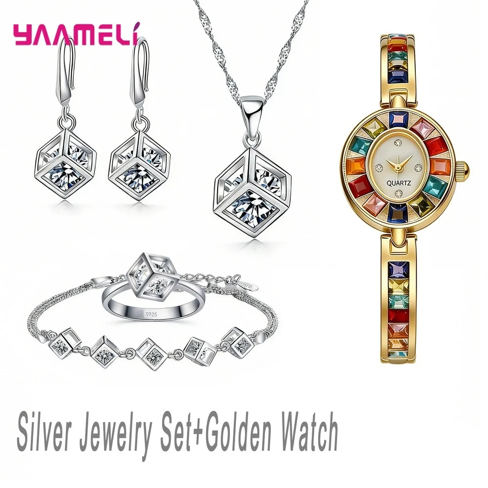 Luxuriou 925 Sterling Silver Geometry Crystal Zircon Necklace Earring Watch Set for Women Men Engagement Party Best Jewelry Gift - Image 15