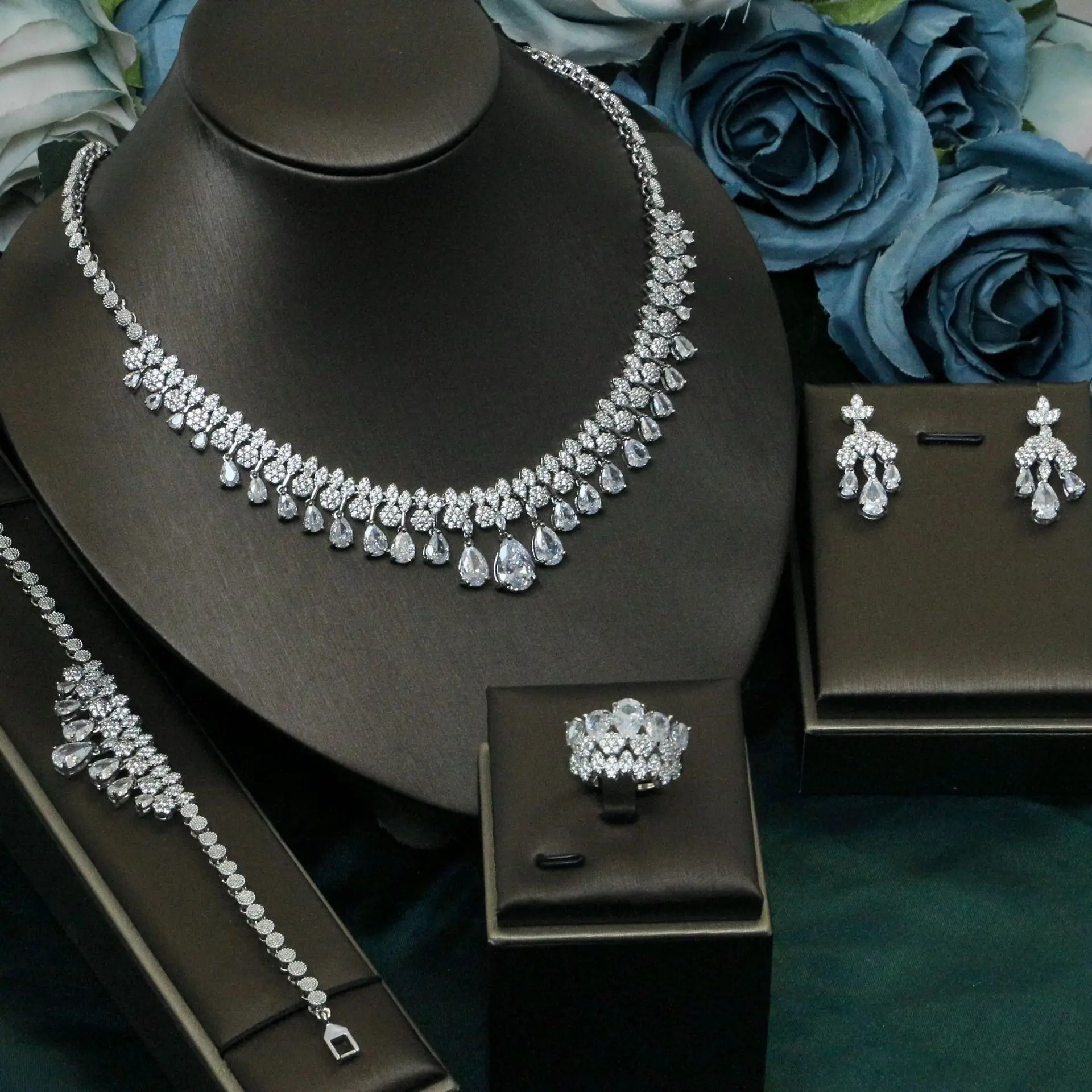 Luxury Bridal Jewelry Set For Women Zirconia Dubai Saudi Wedding Necklace Earring 4pcs Set for Prom Evening Dress Party Jewelry - Image 4