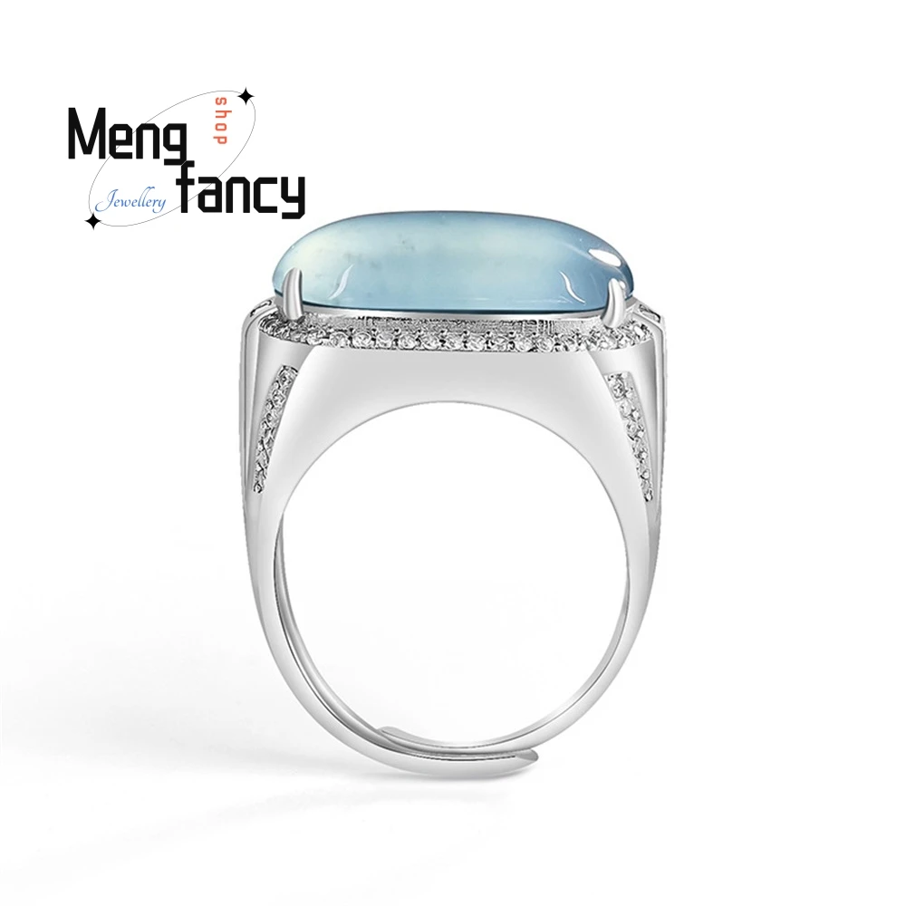 Natural A-Grade Jade Blue Water Saddle Ring, Ice-Type Jade S925 Silver-Set Fashionable Ring For Men, Adjustable Fashion Jewelry - Image 3