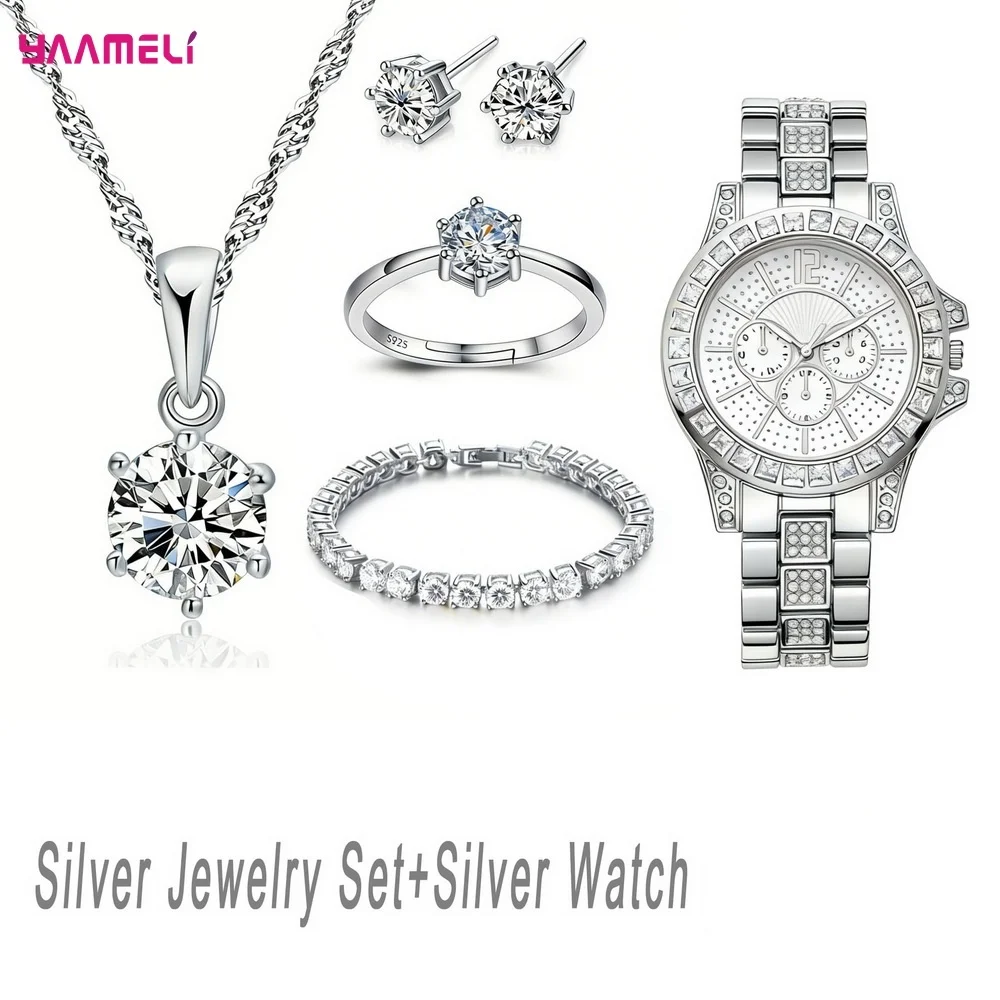 Luxuriou 925 Sterling Silver Geometry Crystal Zircon Necklace Earring Watch Set for Women Men Engagement Party Best Jewelry Gift - Image 7