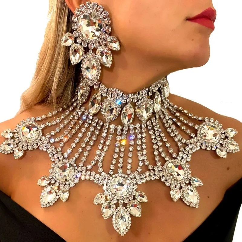 Luxury Crystal Rhinestone Choker Necklace Earrings Jewelry Set Statement Tassel Body Chain Shoulder Bib Jewelry Wedding Bridal