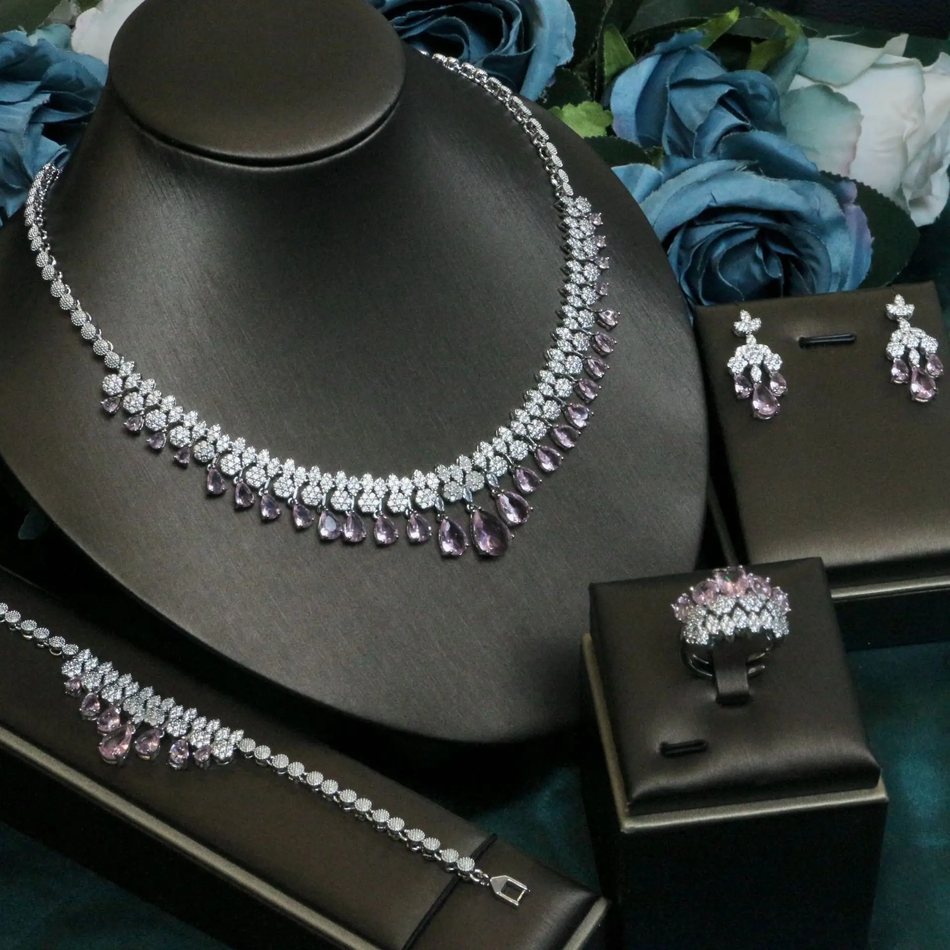 Luxury Bridal Jewelry Set For Women Zirconia Dubai Saudi Wedding Necklace Earring 4pcs Set for Prom Evening Dress Party Jewelry - Image 7