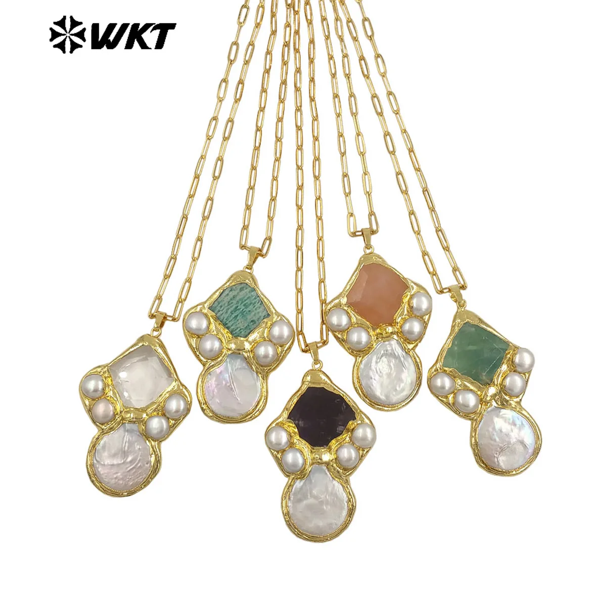 WT-JN345 Delicate Rectangle Chain With Gold Plated Natural Gemstones And Pearl Pendant Necklace For Unique Fashion Birthday Gift - Image 12